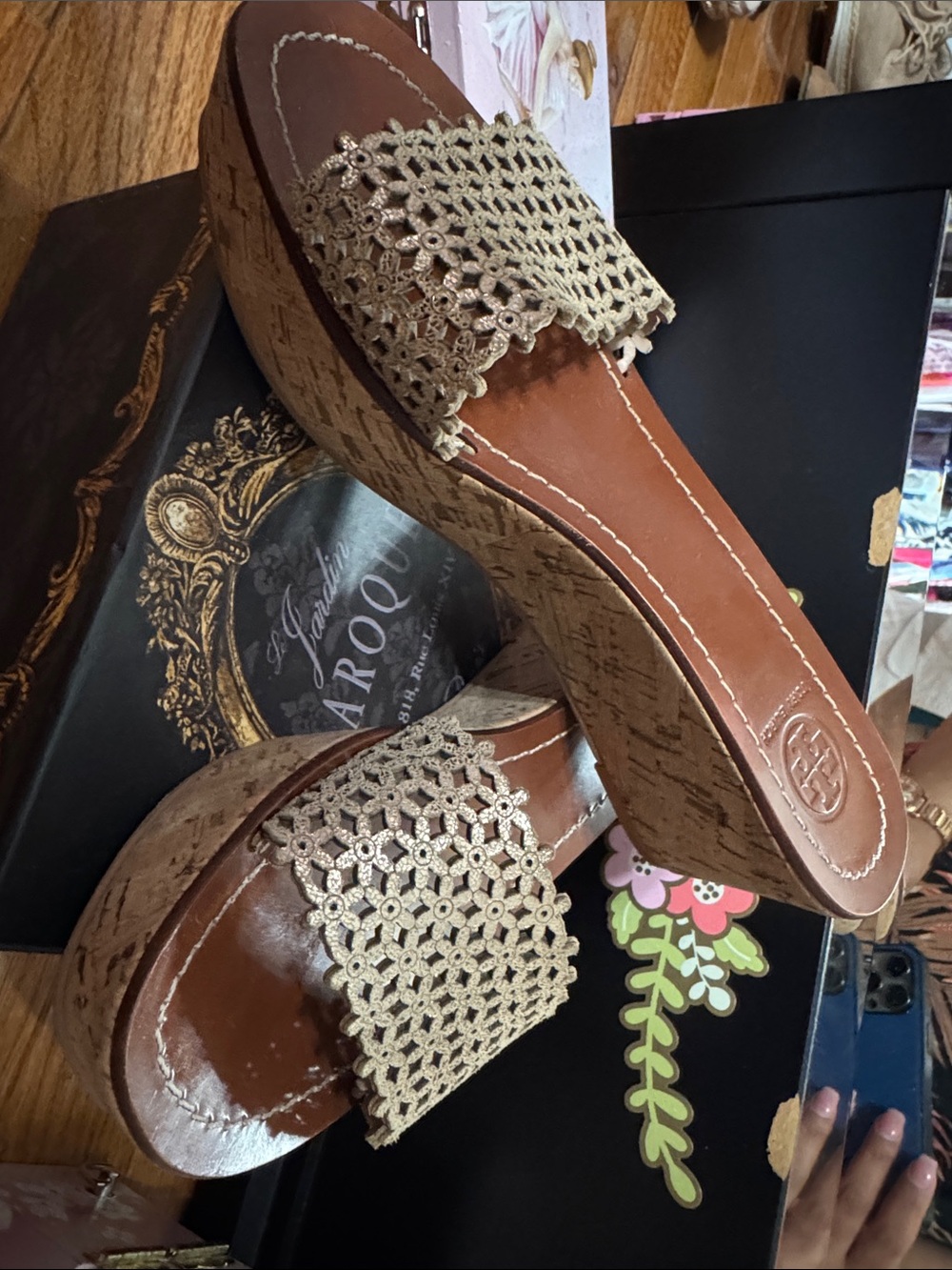 Tory Burch Metallic Gold Crochet Cork Wedge Slides